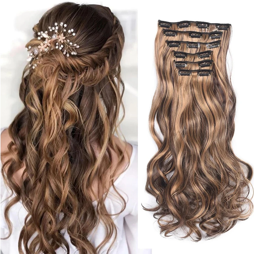 Clip In Hair Extension 20Inch 16 Clips Long Synthetic Hair Heat Resistant Hairpiece Natural Wavy Ombre Hair Piece 6Pcs/Set LIHUI