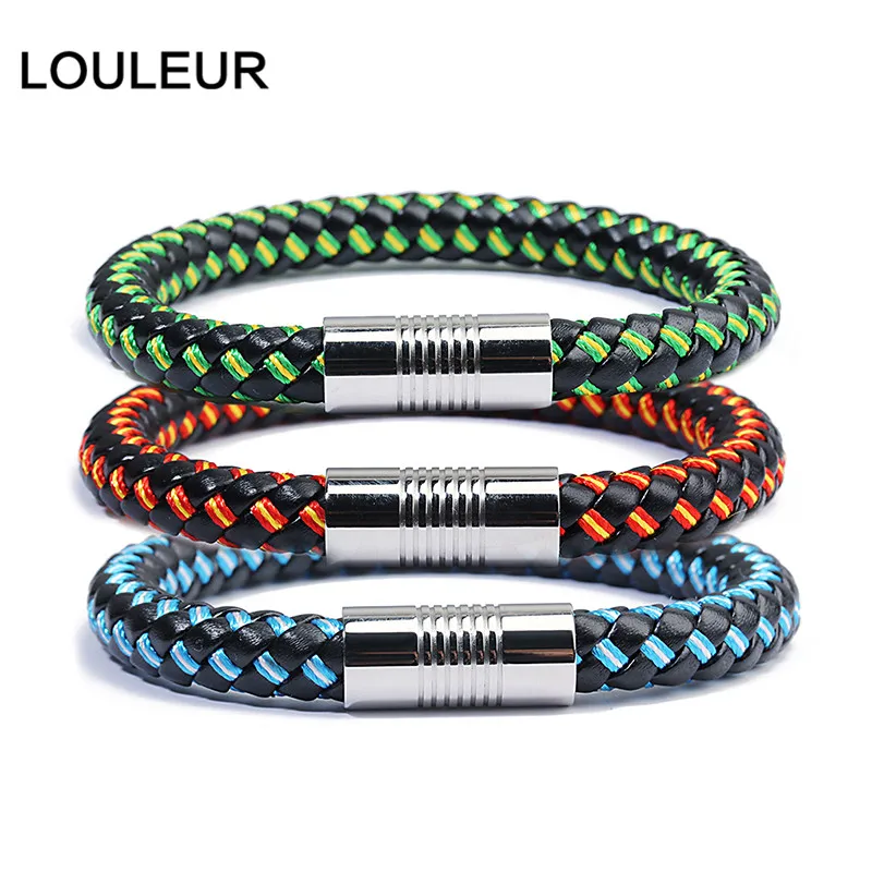 Hot Country Spain/Russia Flag Rope Leather Bracelet Men Colorful Magnet Bracelets&Bangles Pulseras Stainless Steel Rope leather