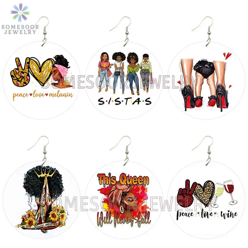 SOMESOOR Peace Love Melanin Sister African Wooden Drop Earrings Afro Curly Queen Natural Hair Printed Dangle Jewelry For Women