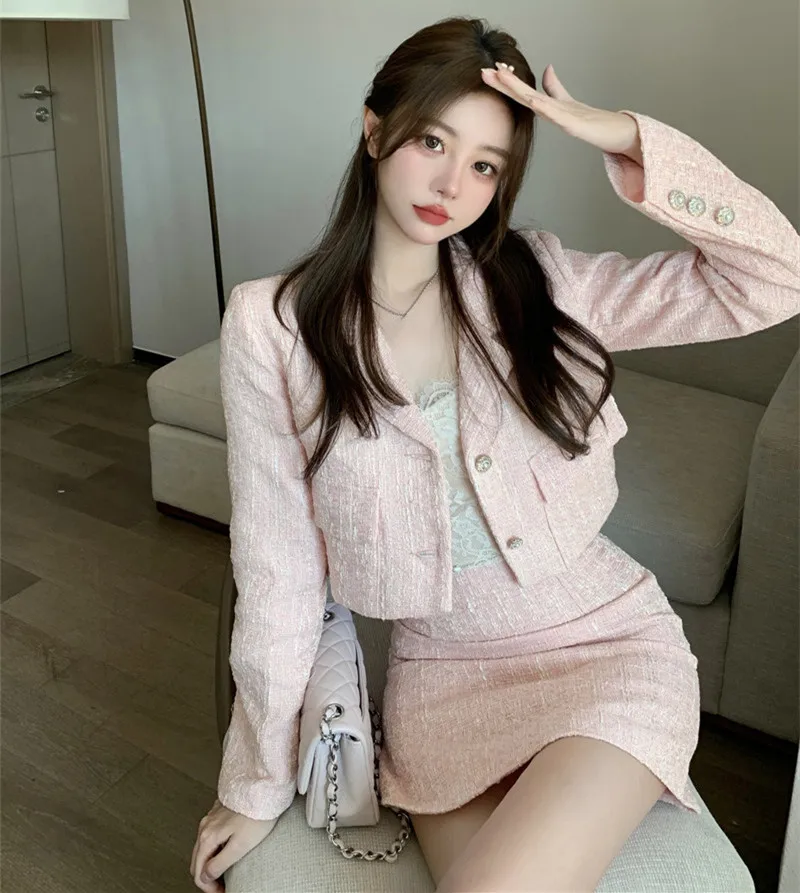 Autumn Small Fragrance Vintage Tweed 2 Piece Set Winter Women Woolen Short Jacket Coat + A-Line Mini Skirts Sets Sweet Pink Suit