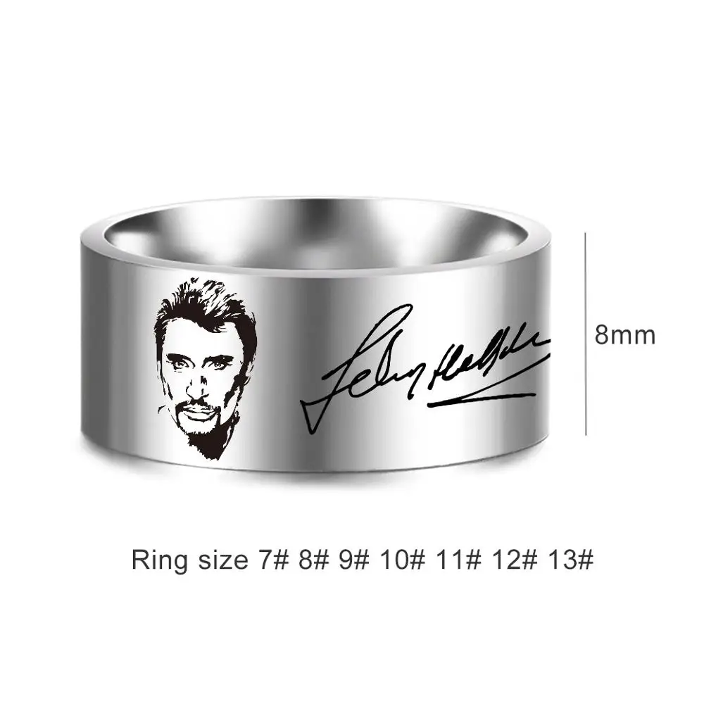 Johnny Hallyday Photo Signature Punk Rock 8mm Rings For Men Women Jewelry Stainless Steel Hip Hop Finger Ring SL-153