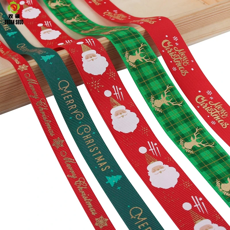 Shuanshuo New Polyester Hot Stamping Letter Ribbon Santa Claus Ribbed Ribbon DIY Gift Pack 5 yards/package