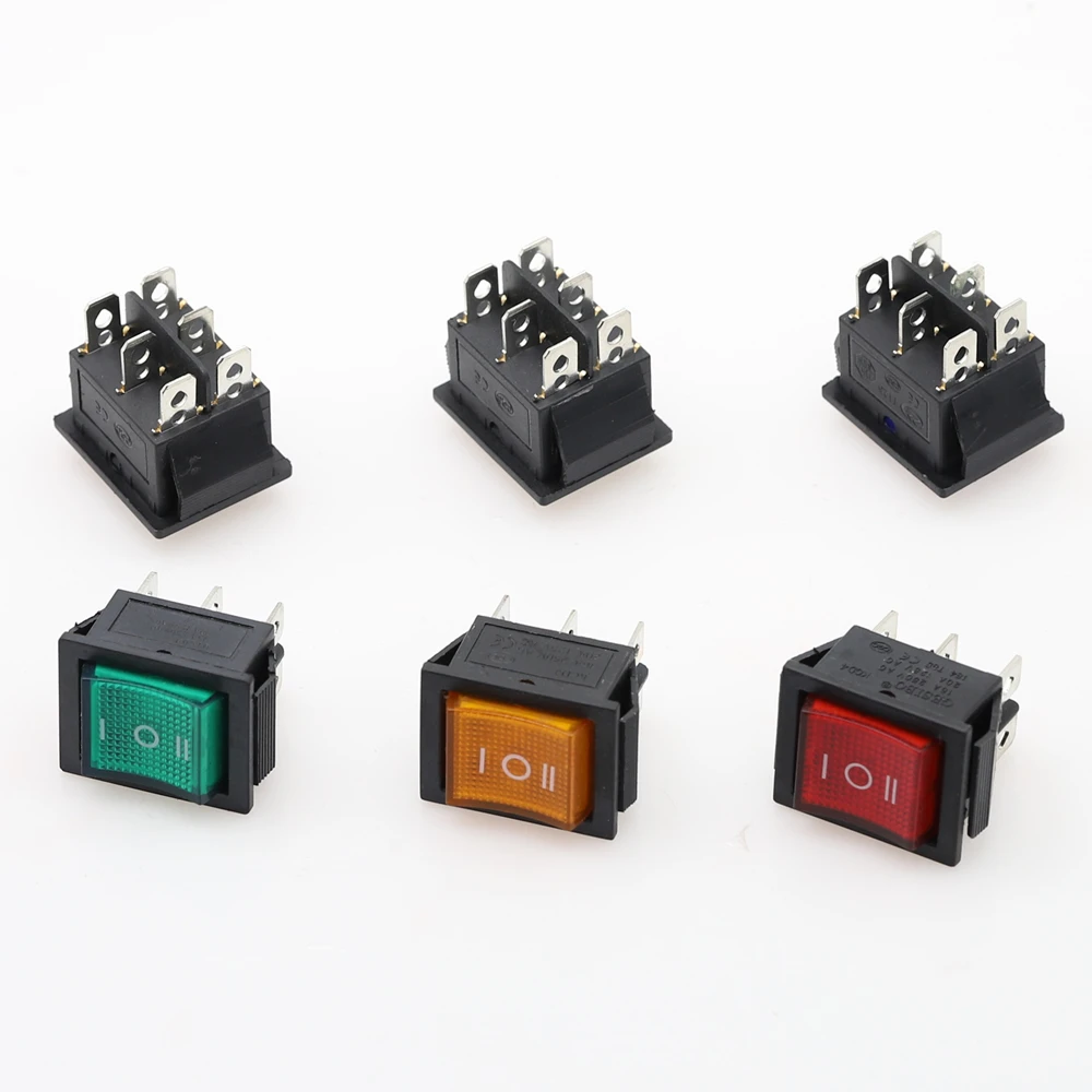 Interruptor basculante KCD4 de autobloqueo/reinicio automático, 220V, 3 posiciones, 6 pines con luz, 16A, 250VAC/ 20a, 125VAC, 1 ud.
