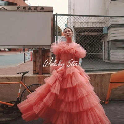 Fashion Coral Draped Tulle Extra Puffy Prom Gowns Elegant Long Tulle Formal Event Party Dresses For Women Ruffles Dress robe