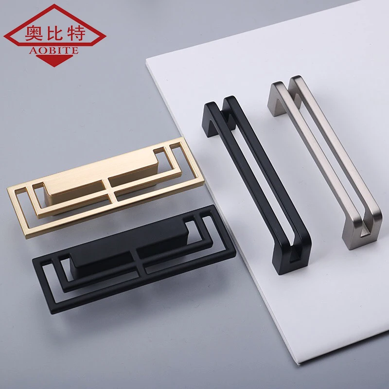 AOBT New Chinese Double Handle Door Zinc Alloy Brushed Matte Black Hollow Handle Bookcase Drawer Handle Knobs Handle Hardware