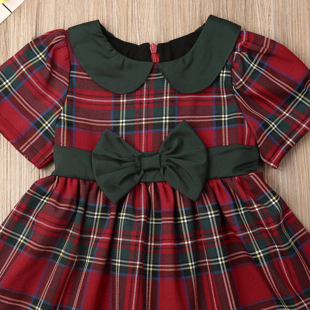 Baby Girls Cute Christmas Dress Double Bow Plaid Party Dresses For Girls Toddler Kids Princess Short Sleeve Girls Vestido