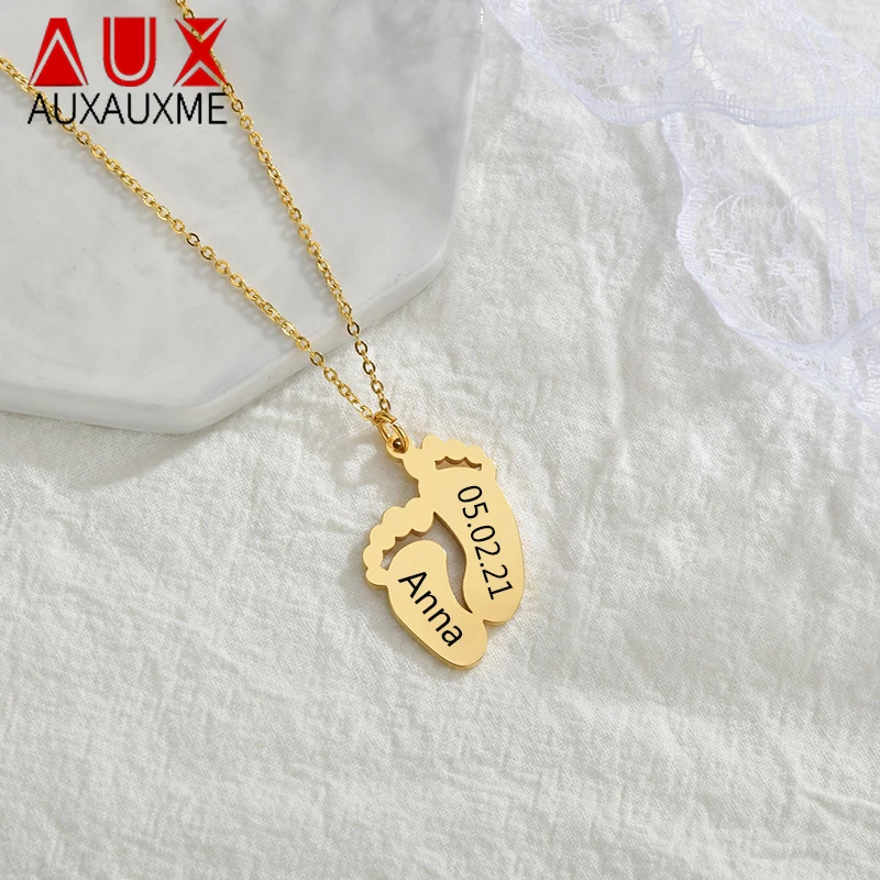 Auxauxme Personlized Feet Name Necklaces Engraved Names Date Stainless Steel Custom Jewelry for Women Childen Anniversary Gifts