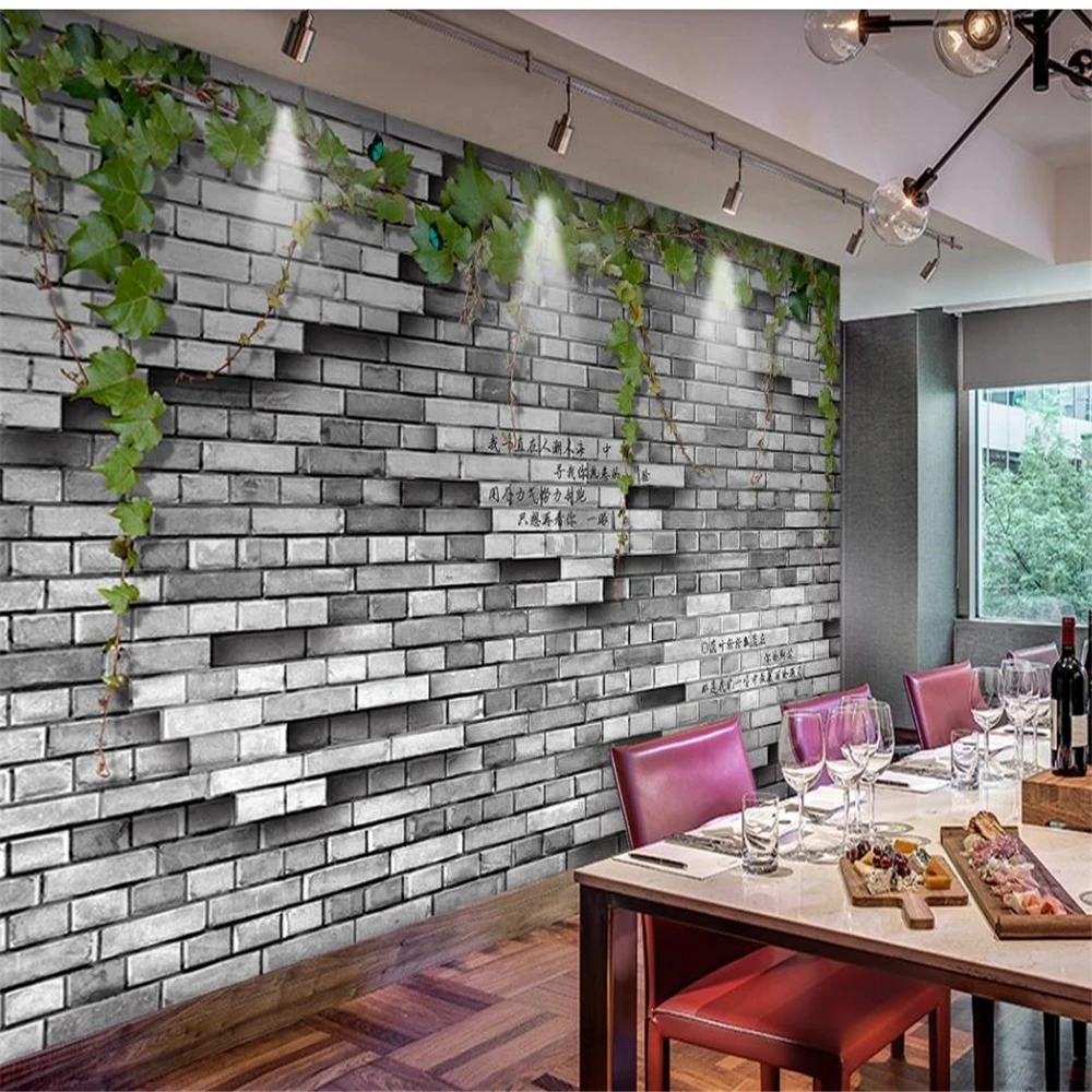 Personalized three-dimensional brick wall green vine cafe background wall brick wallpapers 3d wallpapers