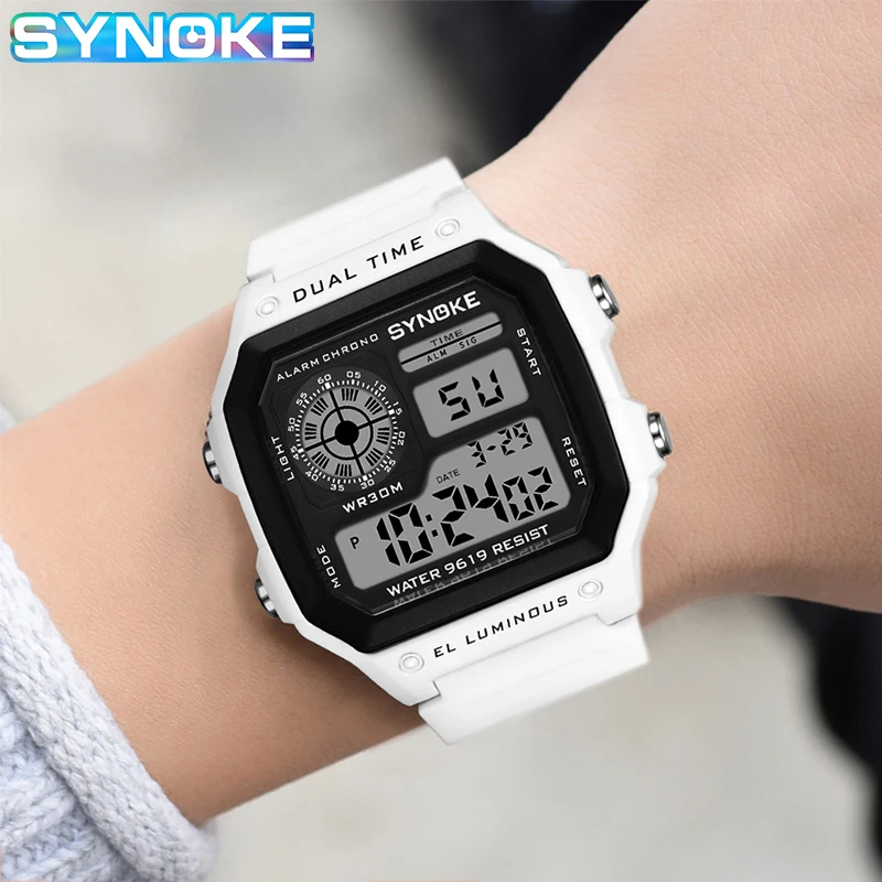 SYNOKE-relojes digitales para Hombre, pulsera militar, deportiva, cuadrada, LED, color negro