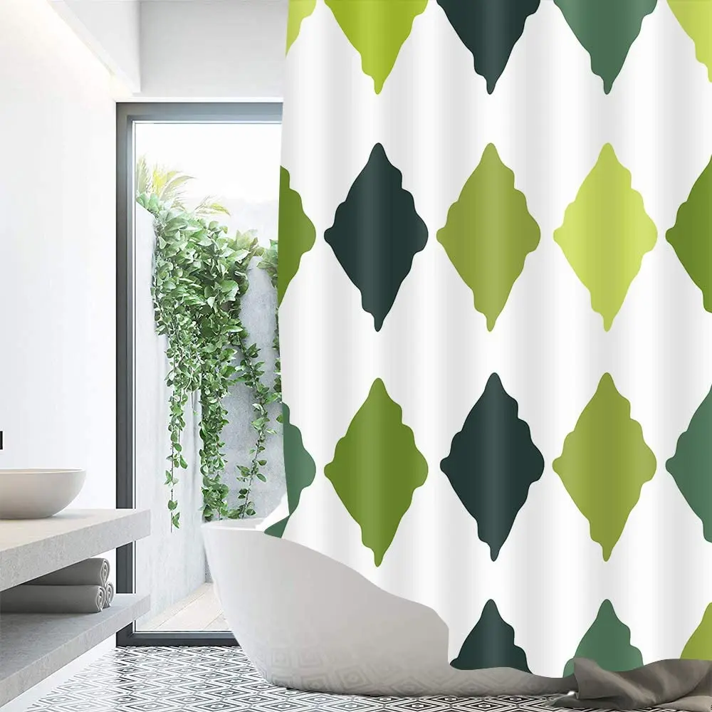 Argyle Shower Curtain, Concise and Classic Green Diamond Check Bathroom Curtains  , Waterproof Fabric Bath Curtains  with Hooks