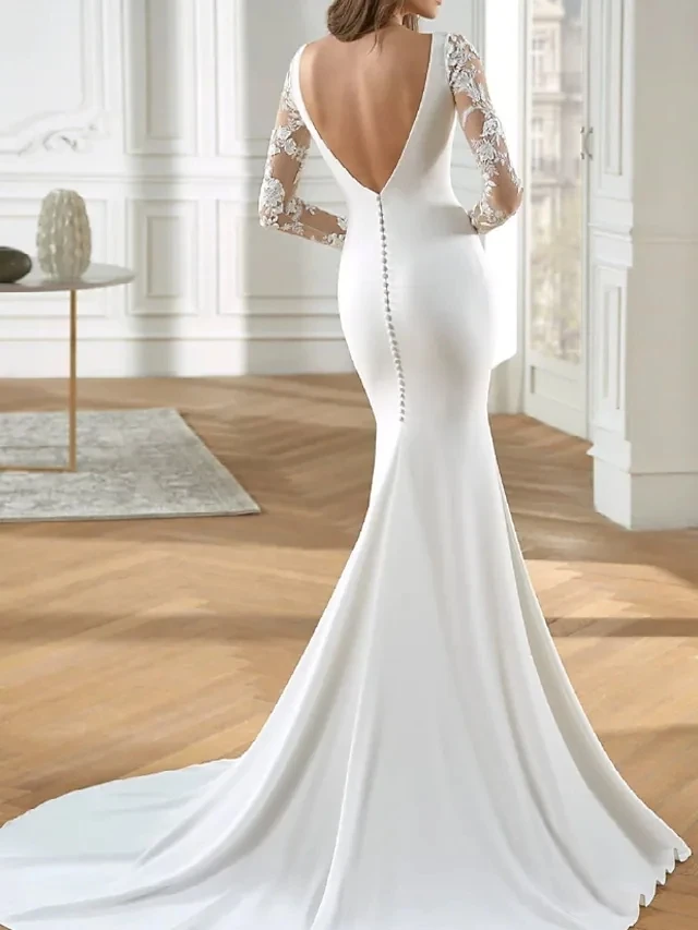 Romântico sereia aberto para trás vestidos de casamento jewel neck tribunal trem rendas apliques vestidos de noiva robe de mariage