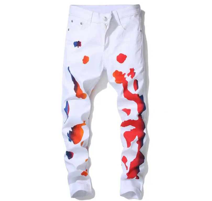 

Hip New Brand Hop Fashion Men's Casual Digital Printed White Stretch Jeans Mens Graffiti Paint Skinny Cotton Denim Pants