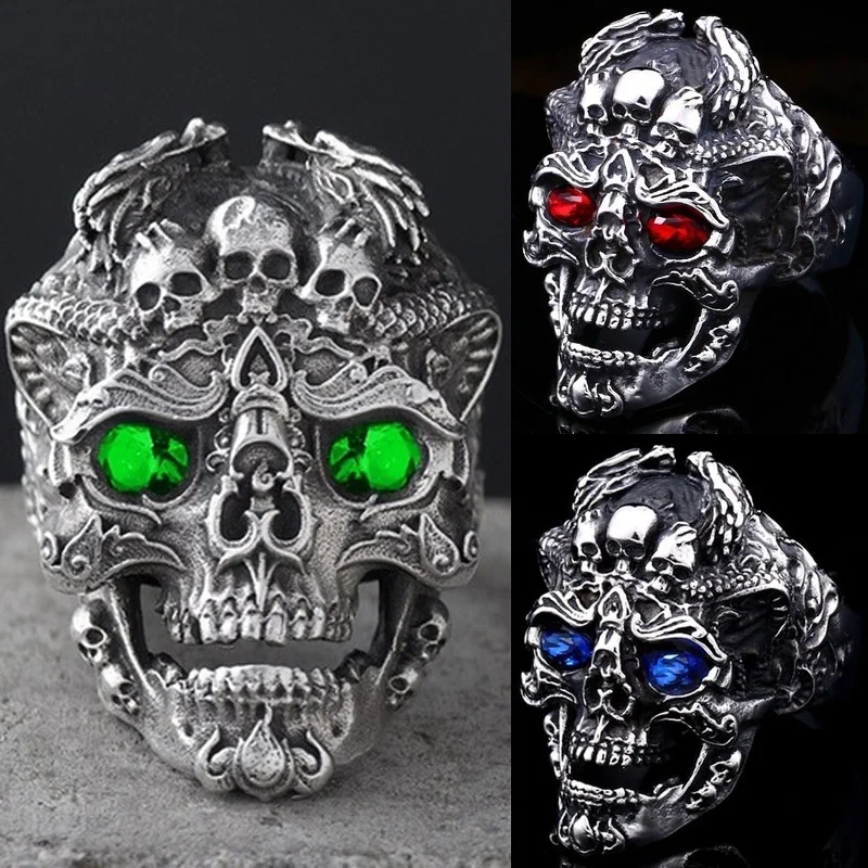 Men's 316L Stainless Steel Ring Domineering Devil Skull Red Stone Ring Motorcycle Party Punk Men's Ring Biker Jewelry Gifts