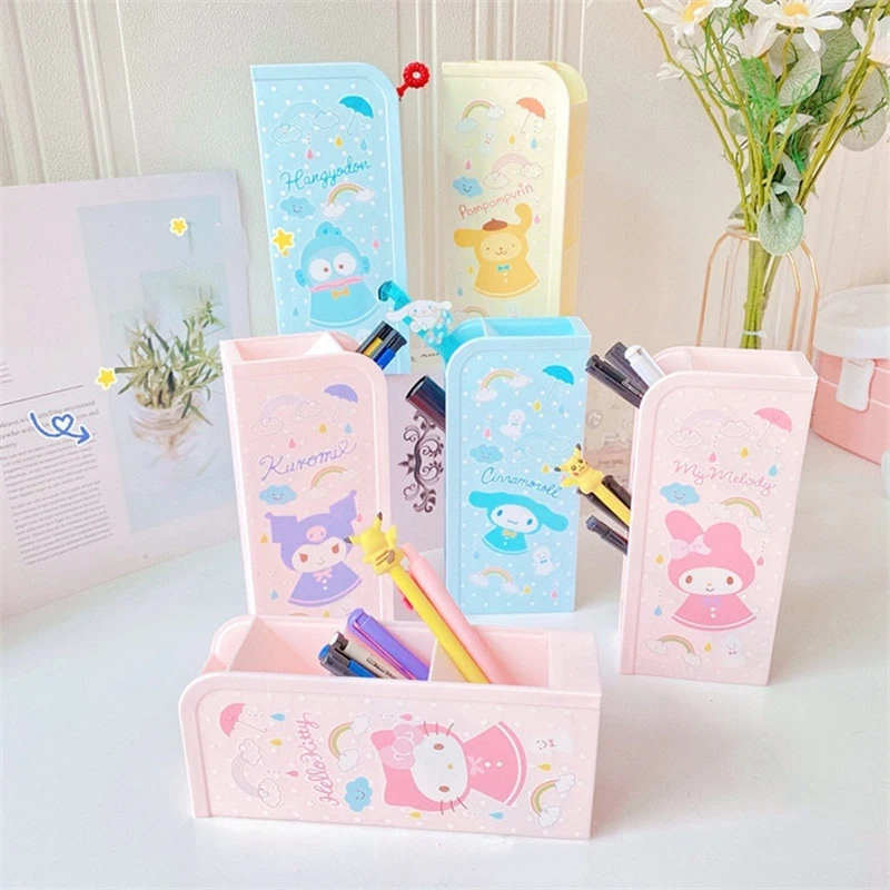 Sanrioed Kawaii Cartoon Cinnamoroll Kuromi Mymelody Hello Kt Student Pen Holder Inclined Insert Stationery Storage Pen Case