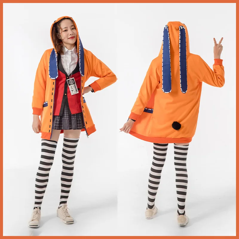 Yomoduki Runa Cosplay Costume Kakegurui Compulsive Gambler Runa Cosplay Wig and Orange Hooded Jacket JK Uniforms