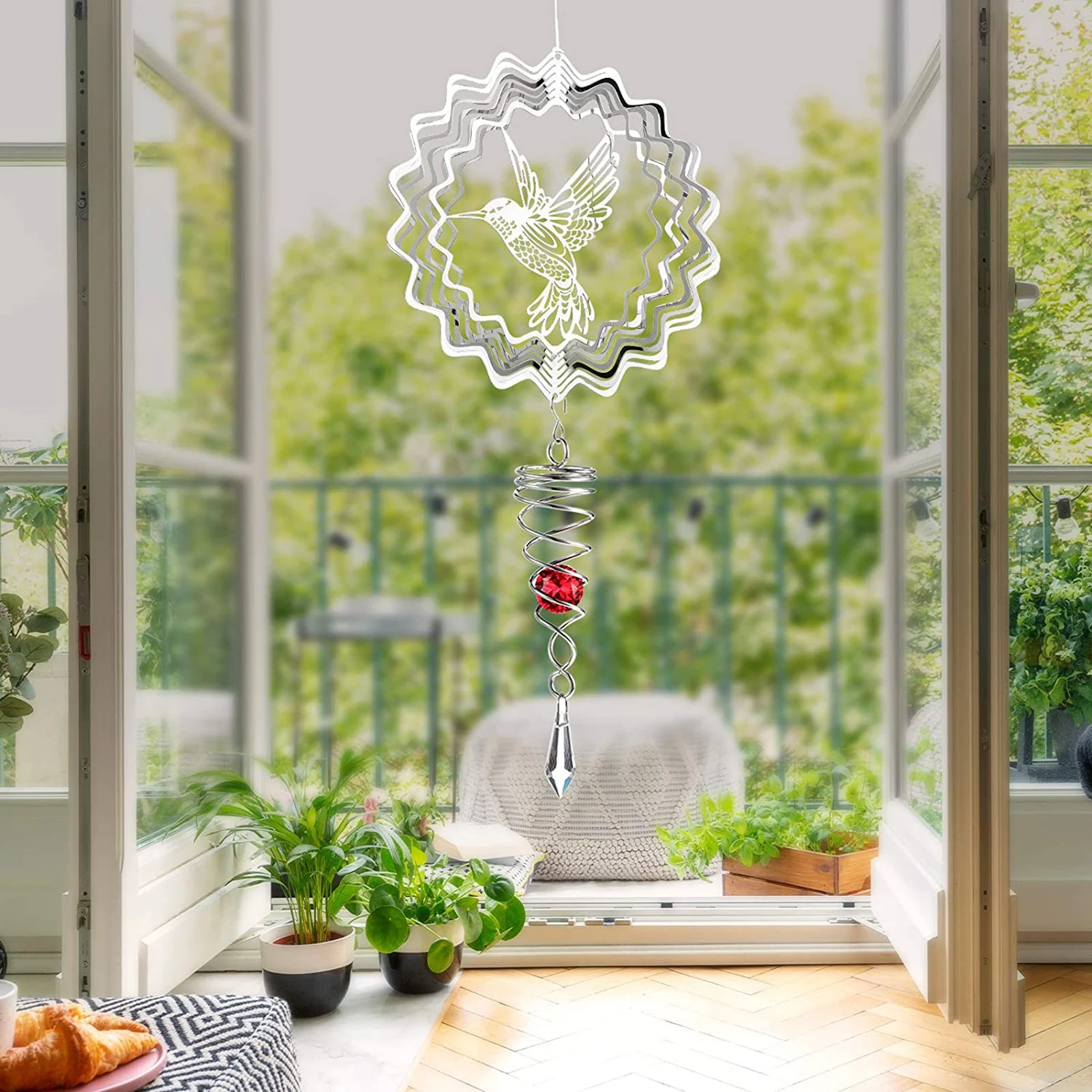 

Stainless Steel Rotating Wind Chimes 3D Metal Sheet Hummingbird Dynamic indoor And Outdoor Art Spinner Garden Decoration Crafts