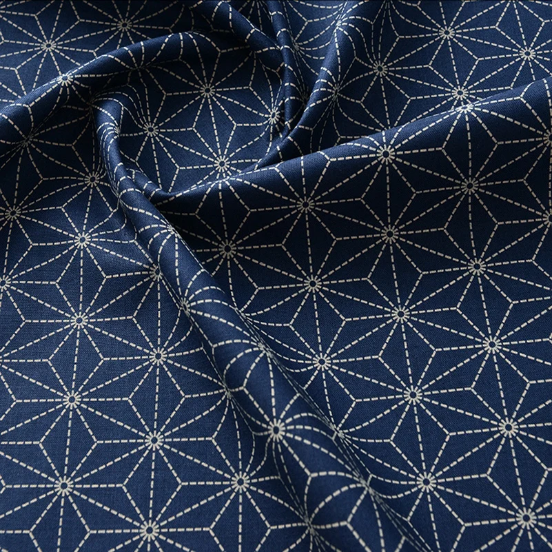 Navy Pure Cotton Fabrics Tea Art Japanese Materials Handmade Clothing Geometry Digital Printing Fabric By Half Meter