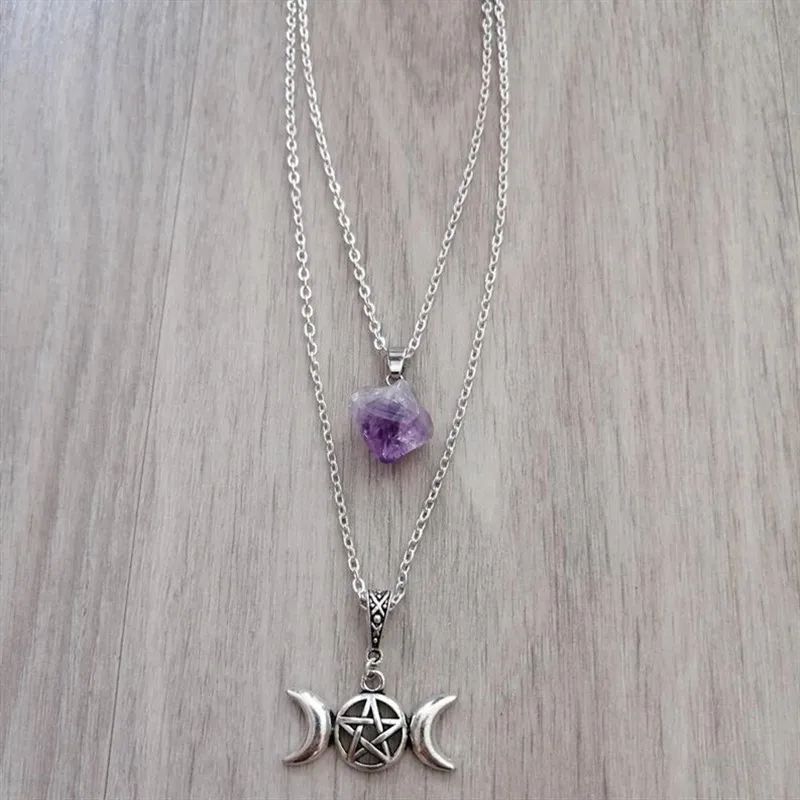 Purple Stone Chain Pentacle Necklace Triple Moon Natural Stone Pendant Wicca Witchy Witch Pagan Esoteric Gothic 2021 Women Gift