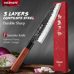 HEZHEN 7 Inch Santoku 3 Layers Composite Steel High quality Rosewood Handle Kitchen Tools Cook Knife Stainless Steel Gift Box