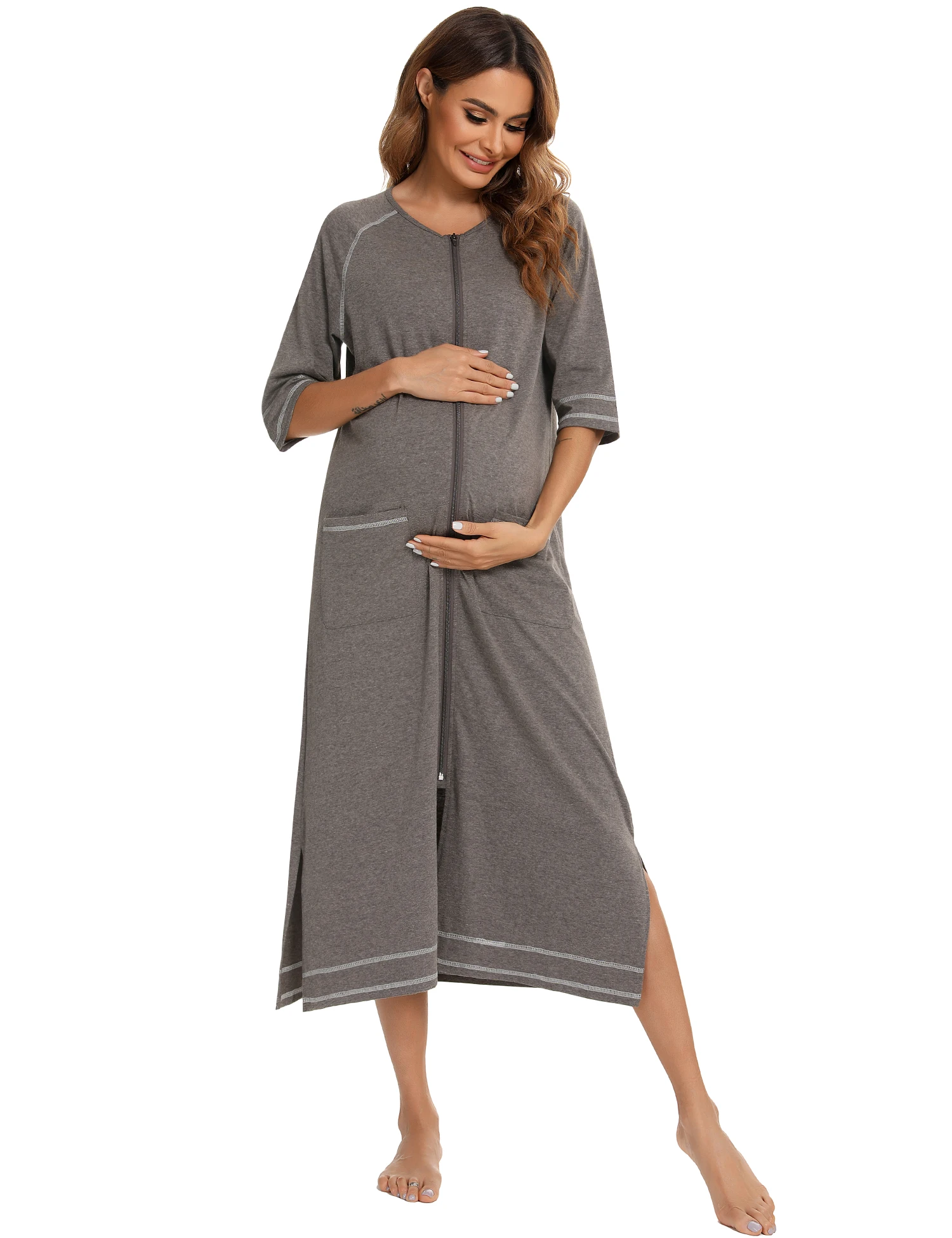 Pijama con cremallera para mujer, vestido de maternidad de manga 3/4, Camisón de lactancia para bebé, vestido de embarazo