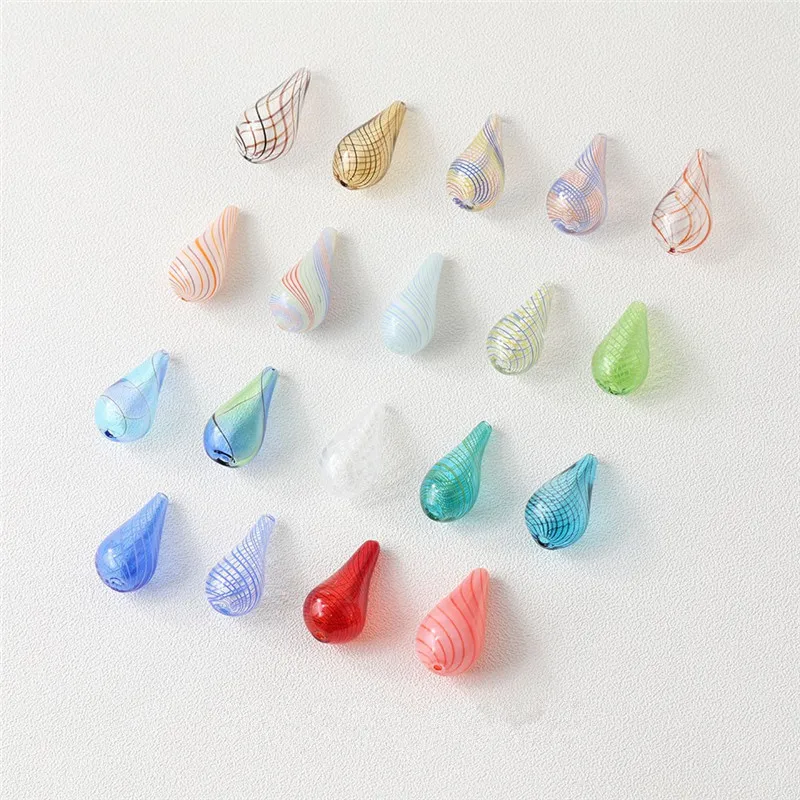 20pcs/lot color stripe pattern Hand-blowing geometry water drop shape glass Straight hole beads diy jewelry earring accessory