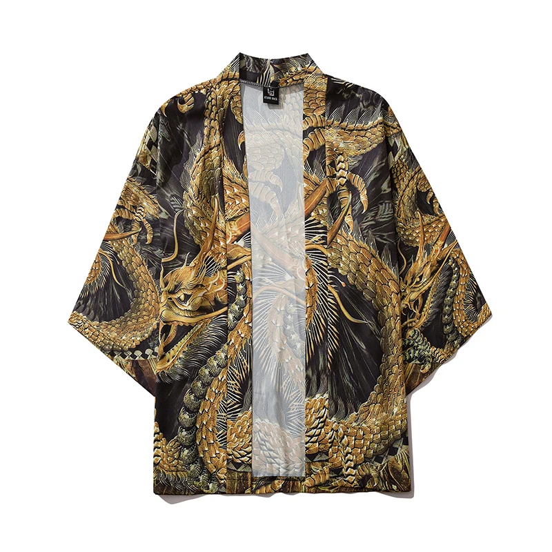 Chinese Style Golden Dragon Kimono Harajuku Men Women Japanese Streetwear Traditional Cardigan Yukata Male Haori Obi Clothes