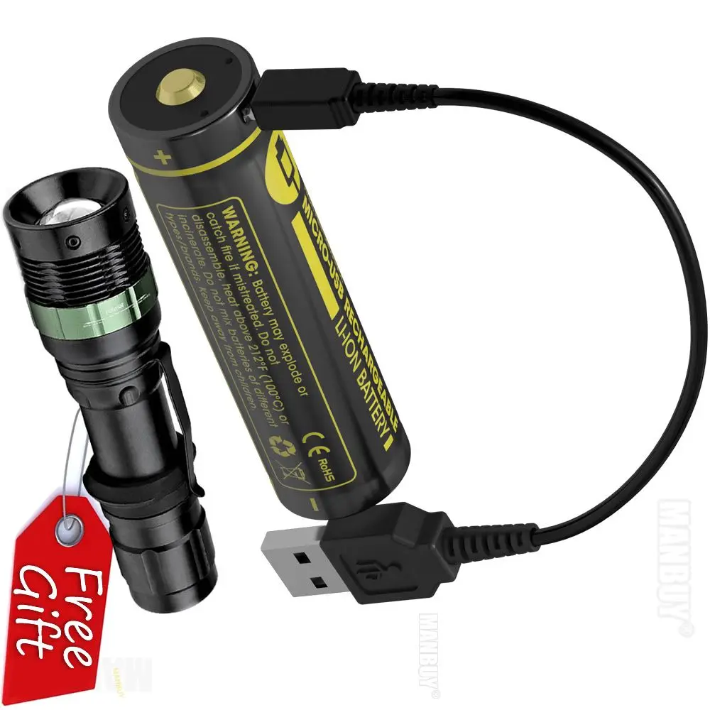 NITECORE 3500mAh High Performance Rechargeable Li-ion Battery Button Top 18650 Protected  NL1835R +USB Cable + Flashlight