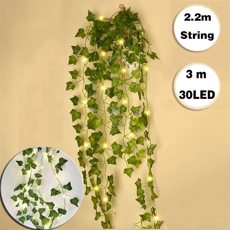 2M Ivy Leaf with 30LED Garland Fairy Lights Fake Artificial Plants Battery Powered String Copper Light For Wedding Home Decor