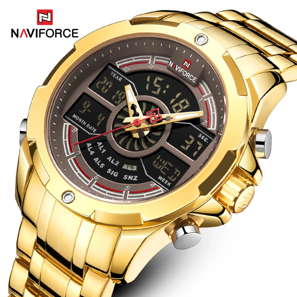 

NAVIFORCE Multifunctional Digit Watches Men Luxury Gold Stainless Steel Waterproof Quartz Wristwatch Luminous Sports Clock Male