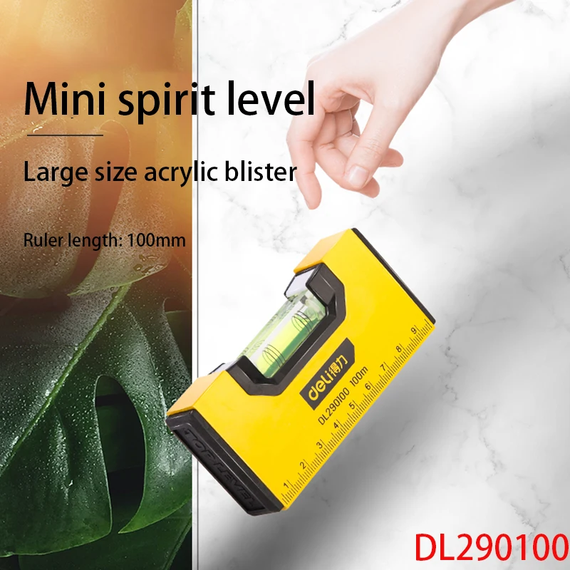 Deli DL290100 Mini Spirit Level Size: 100x22x50mm Aluminum Alloy Horizontal Bubble Accuracy Can Reach 0.75mm/m Measuring Tools