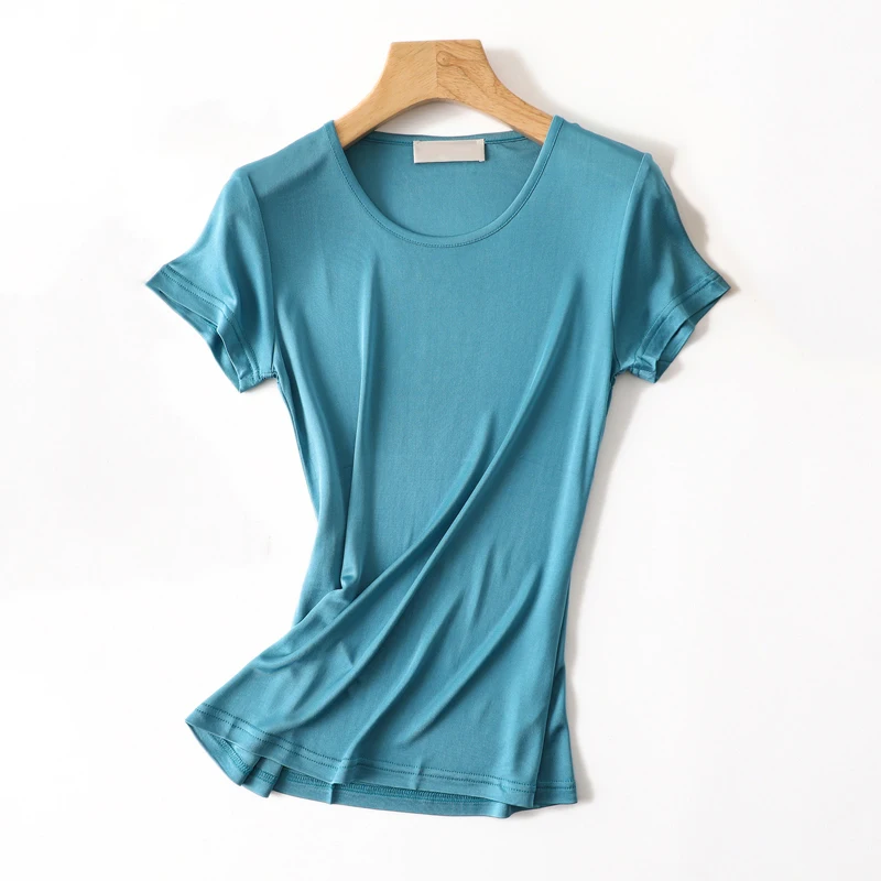 50% naturalnego jedwabiu Damskie koszulki z krótkim rękawem Crewneck Tee Basic Casual Summer Tops