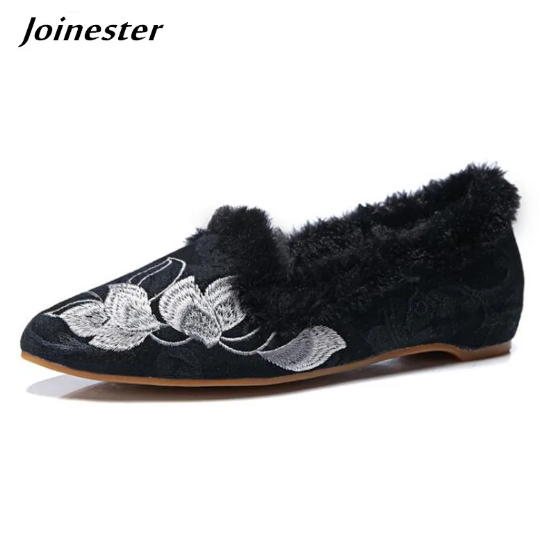 

Women Cotton Wedges Shoes Pointed Toe Embroidered Fur Pumps Ladies Vintage Loafers Slip on Casual Woman Shoe Ballet Moccasin