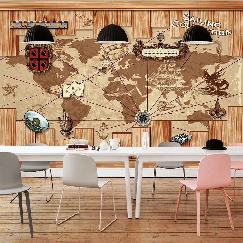 

Custom 3D Mural Retro Nostalgia Wallpaper Decor Navigation Wood Sailing World Map Mural Restaurant Bar Background Wall Paintings