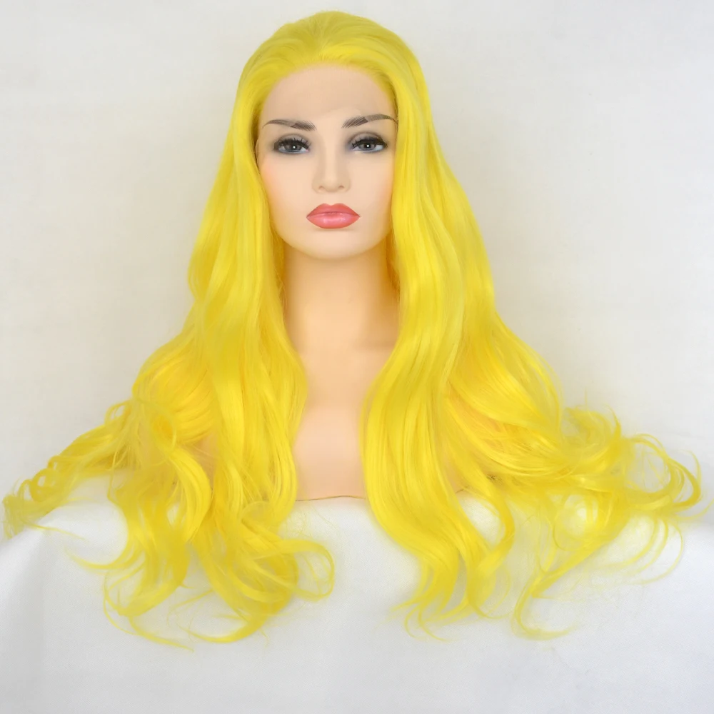 Voguequeen 13×4L Sexy Yellow Synthetic Lace Front Wig Long Natural Wave Free Parting Cosplay For Women