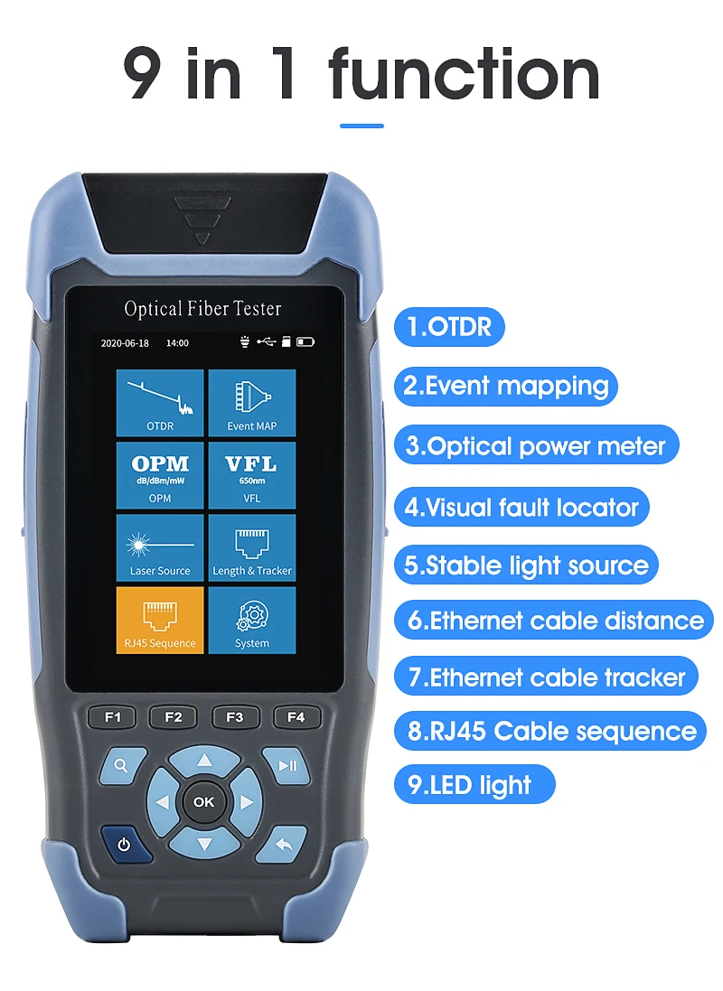 

Mini OTDR Fiber Optic Reflectometerwith 9 Functions VFL OLS OPM Event Map 24dB for 64km Fiber Cable Ethernet Tester