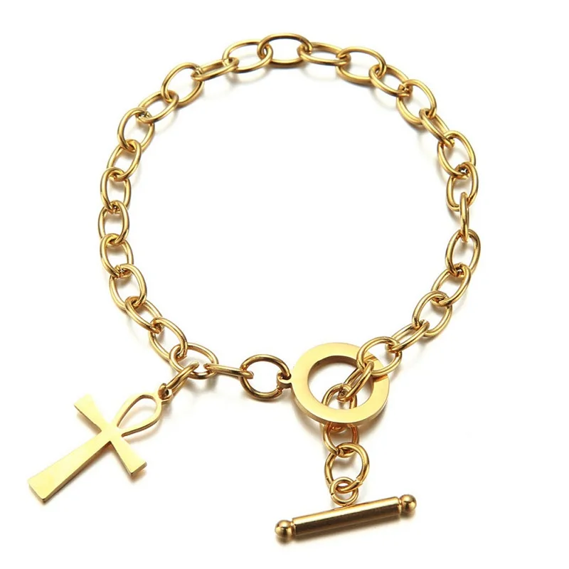 Stainless Steel Chain Ankh Charm Bracelet For Women Men Cross OT Buckle Toggle Bracelet Egyptian Jewelry