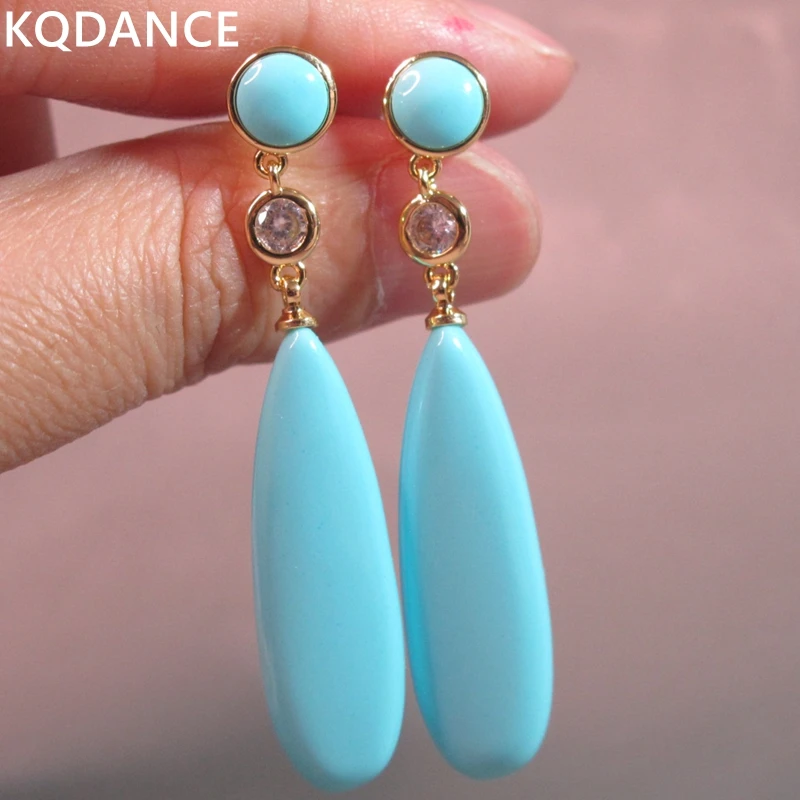 KQDANCE Blue Turquoise Quartz Jade Natural Stone Gemstone Long Dangle Drop Earrings 925 Sterling Silver Needle for Women