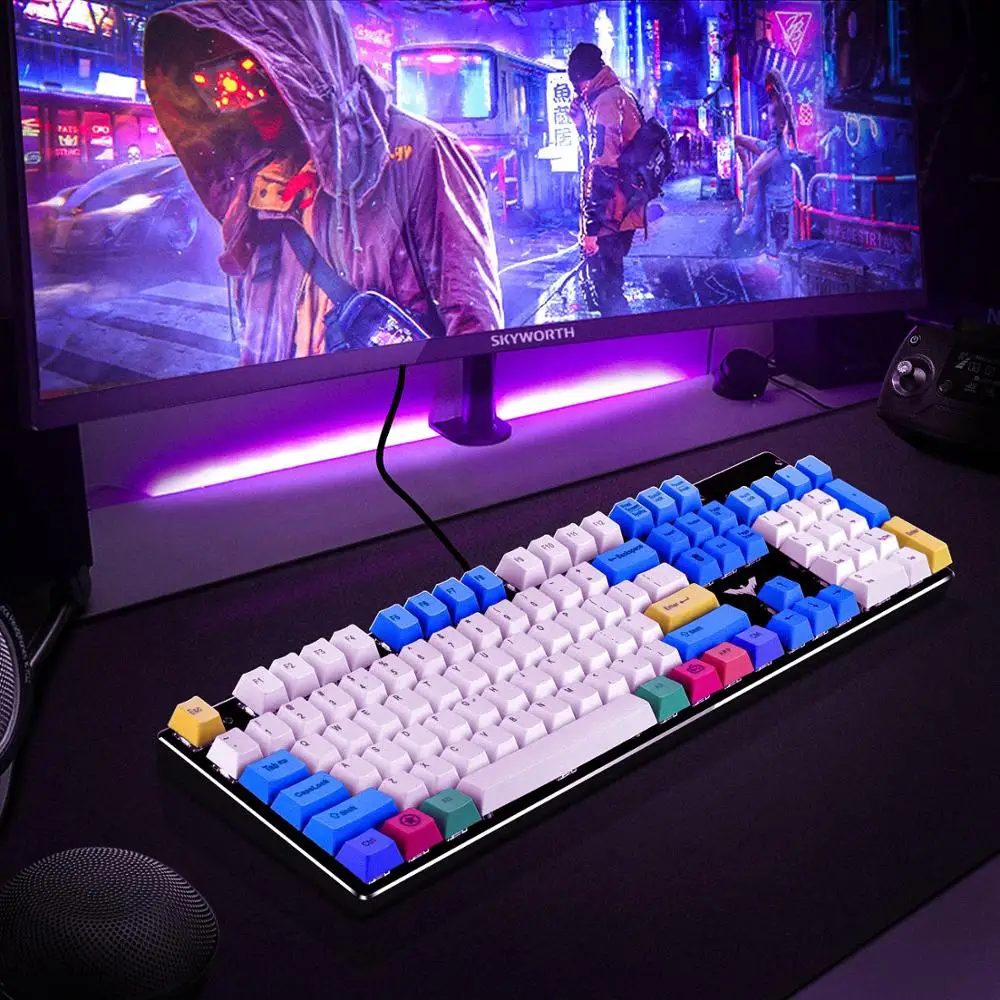 Imagem -06 - Havit Teclado Mecânico Pbt Keycaps Jogo Keycap Conjunto para Faça Você Mesmo Cereja mx Branco & Azul & Amarelo 87 104 Teclas