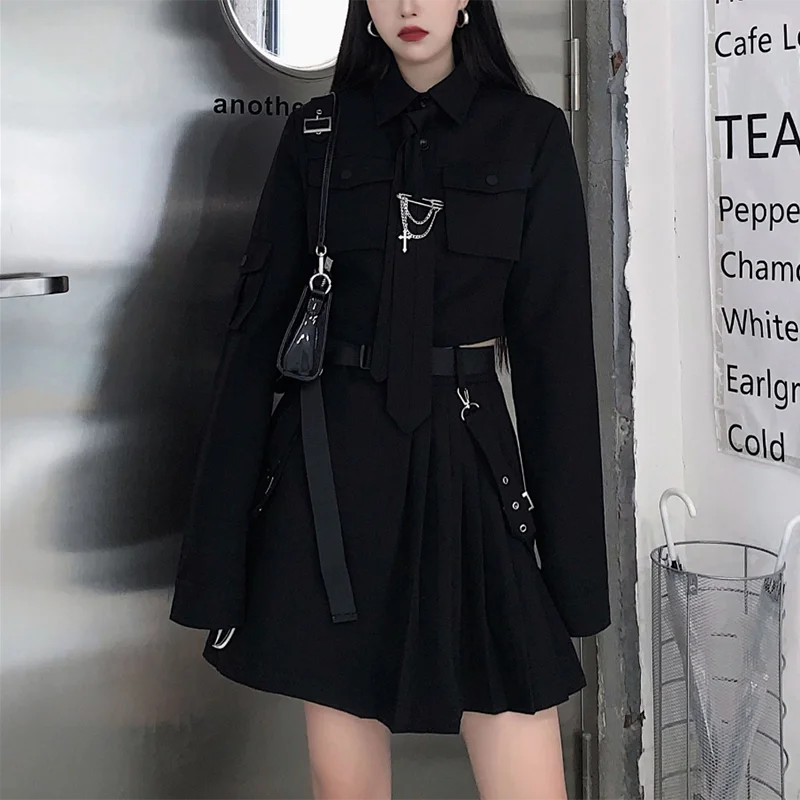 HWL Spring Harajuku Streetwear Two-Piece Skirt Spring Oversize 4XL Punk Chain Ribbon Skirts Women 2 Piece Suit For Female