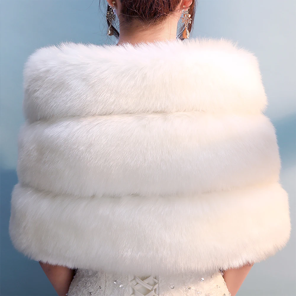 Winter Women Ivory Faux Fur Warm Wedding Bridal Wrap for Evening Party Fashion Vintage Elegant Shawl Cape Thickened Soft Cloaks