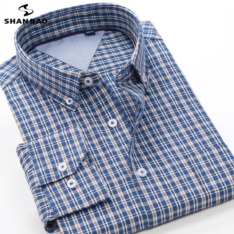 SHAN BAO classic brand spring fashion high-quality plaid shirt business casual elegant men\'s loose long-sleeved shirt 3XL-10XL