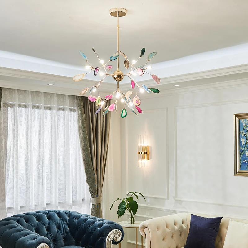 

Nordic Luxury Chandeliers Modern Decor Creative Branch Agate Lamp Bedroom Chandelier Lighting Firefly Living Room Pendant Lamp