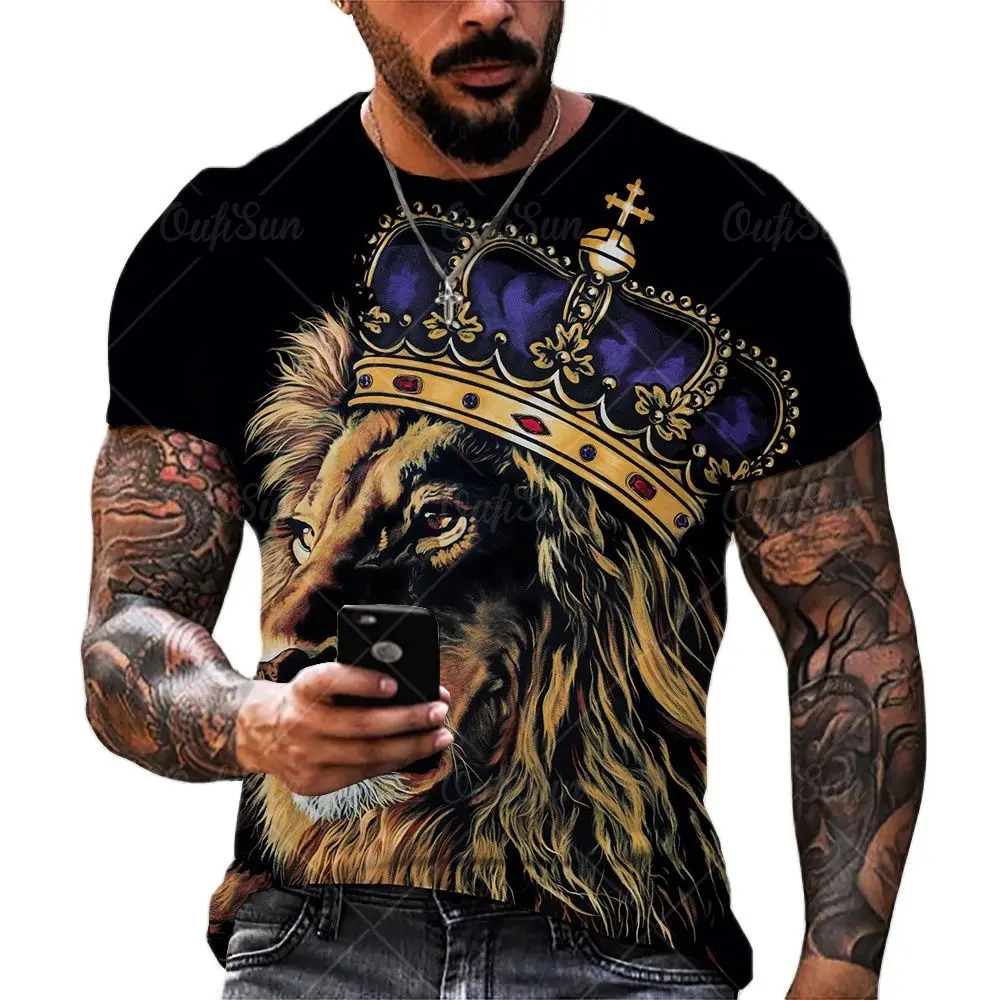 Men\'s T-shirt Fashion Summer 3D Print Top Classic Brewed Lion And Tiger Pattern Top Street Personality Extra Large Short Sleevev