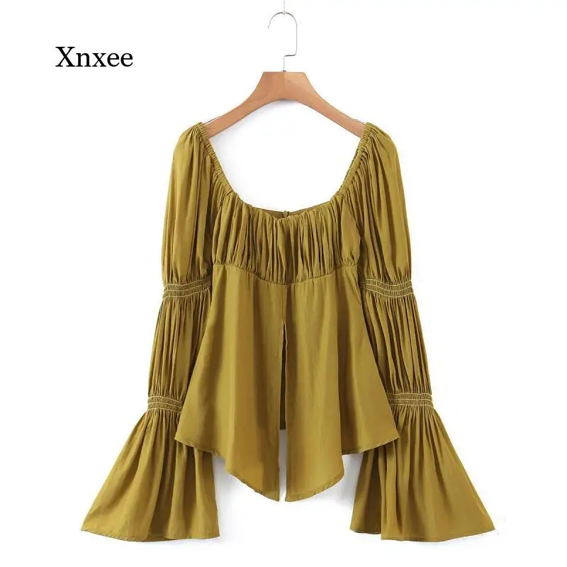 

Square Collar Split Shirts 2021 Sexy Elasticpleated Ruched Sheep Leg Long Flare Sleeve Women Tee Front Slit Short Pullovers Tops