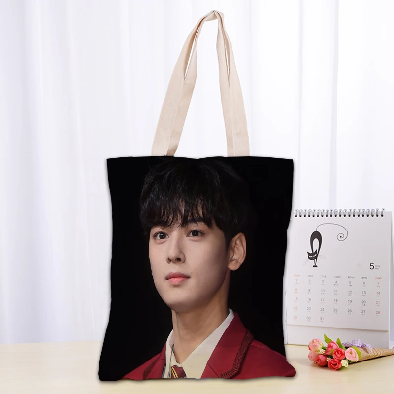 KPOP Cha EunWoo bolso de mano de tela de lona para mujer, bolsas de compras reutilizables ecológicas, bolso de hombro útil informal para viajar en