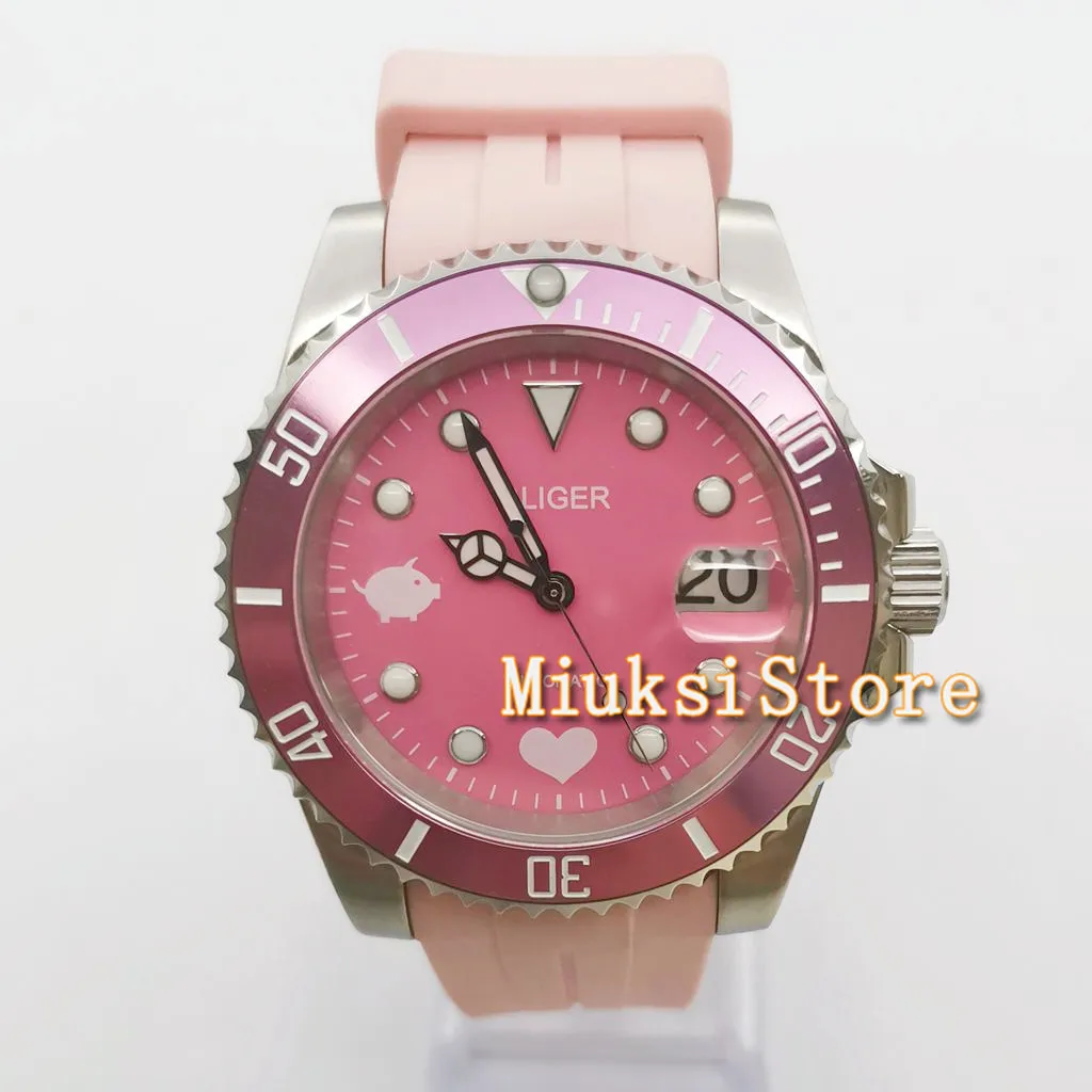 

40mm BLIGER Pink Pig Pattern 24 Jewels NH35 Movement Automatic Ladies Watch Date Cyclop Screwdown Crown Curved End Rubber Band