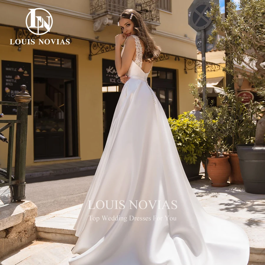 LOUIS NOVIAS A-Line Wedding Dresses For Women Simple Satin Beading Button Embroidery Sleeveless Scoop Collar Vestidos De Novia