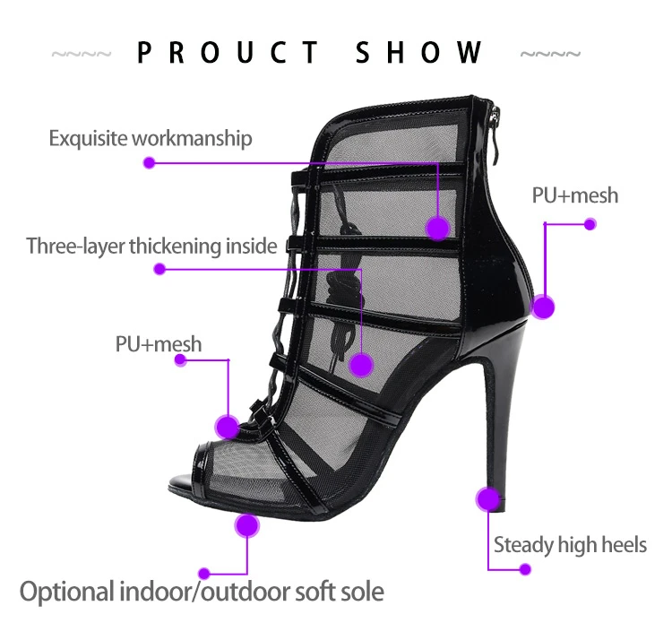 Zapatos de baile latino para mujer, calzado moderno de tacón alto, malla de aire, Jazz, Salsa, salón de baile, entrenamiento cuadrado