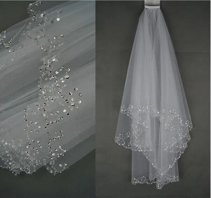 Velos de novia blancos con cuentas hechas a mano, accesorios de borde de media luna para boda