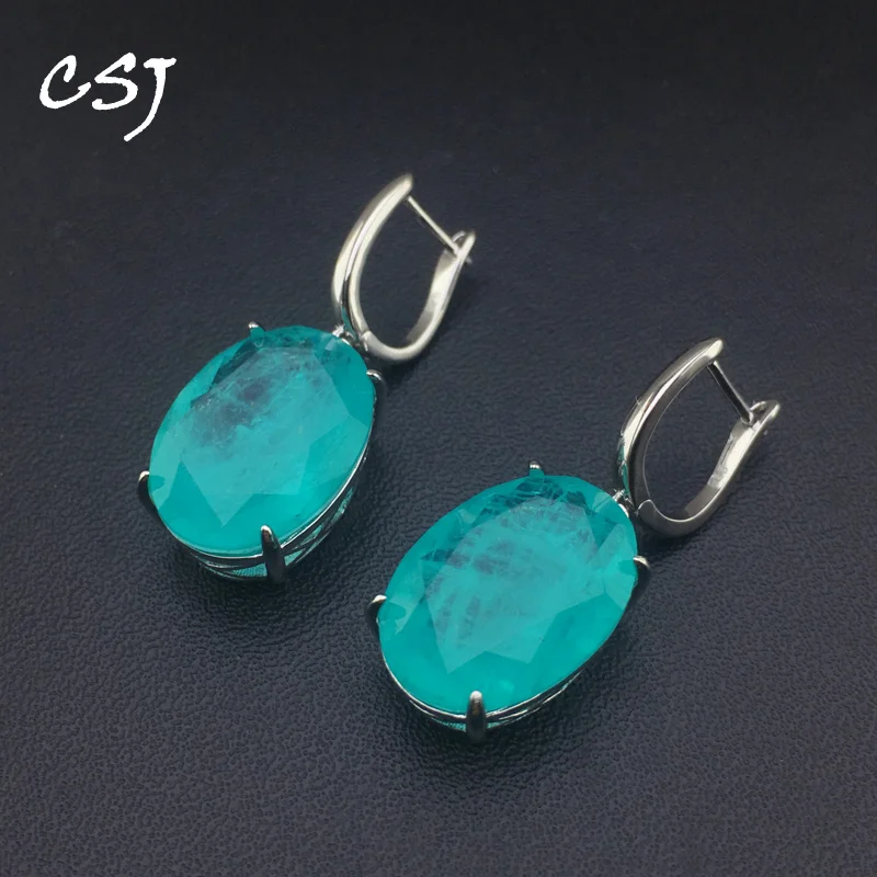 

CSJ Elegant Paraiba Tourmaline Earrings Sterling 925 Silver Gemstone for Women Fine Jewelry Party Wedding Gift box,Free Ship